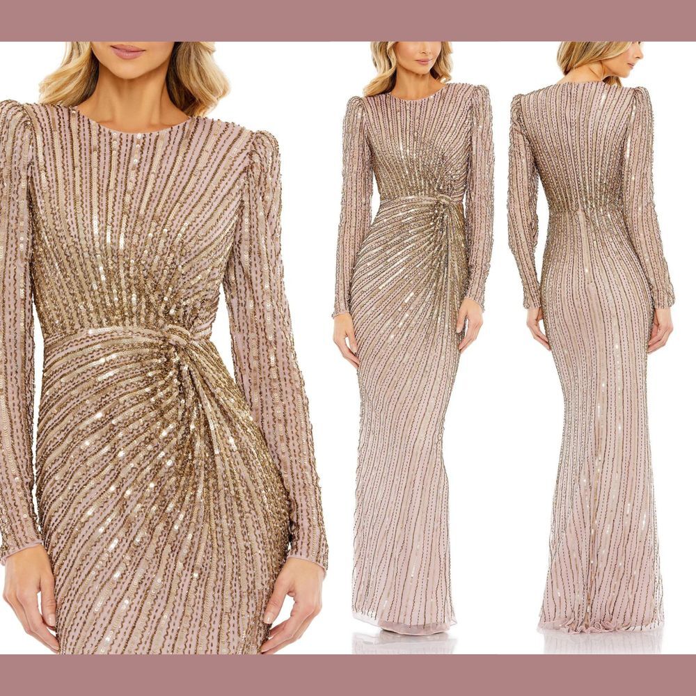 NEW $598‎ Mac Duggal [ 14 ] Embellished Puff Sleeve Side Knot Gown 5217 in Mocha